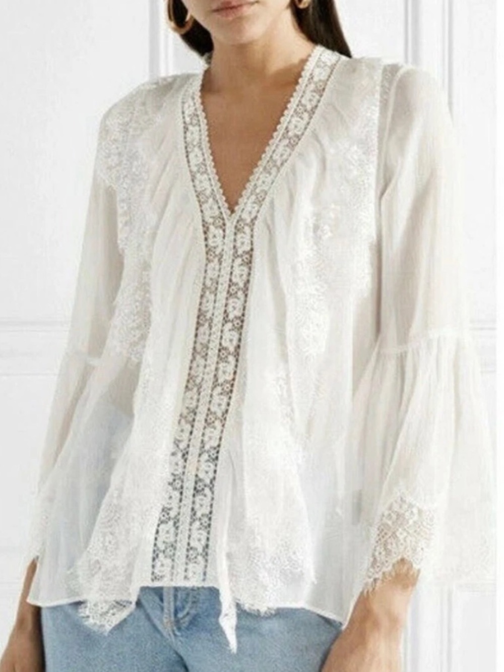 ALICE + OLIVIA Jaden Lace Paneled Gauze Tunic Top Sheer White Blouse Sz Med